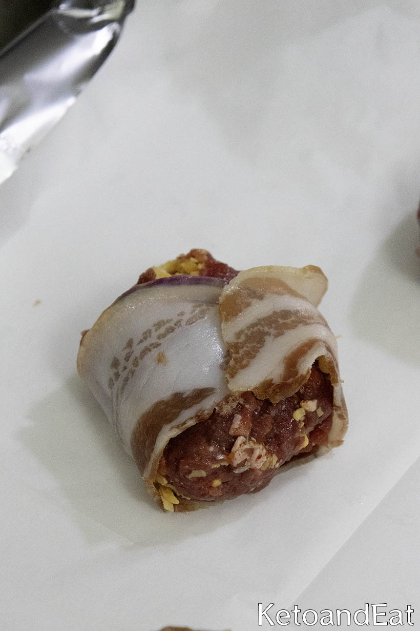 Carnivore Bacon Wrapped Cheddar Meatballs Before Baking