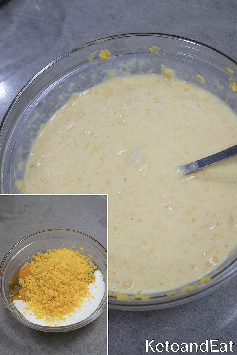 Mixing topping Keto Bacon Cheeseburger Casserole
